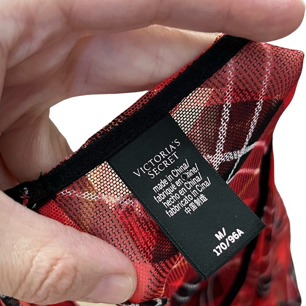 Victorias Secret Sheer Tartan Plaid Mesh Bodysuit Medium Ruched Long Sleeve Red - Picture 6 of 9